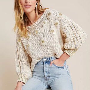 Anthropologie VEROALFIE Liza embellished hand knit tinsel sweater in beige